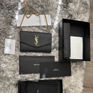 YSL UPTOWN CHAIN WALLET IN GRAIN DE POUDRE EMBOSSED LEATHER PURSE handbag